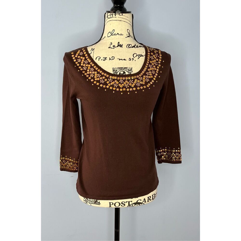 Cable & Gauge Women's Small Brown Gold Embellishment Silk Blend Tunic Top Blouse